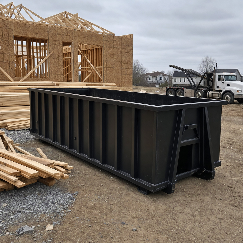 Matte-black 40-yard roll-off dumpster staged on a framed-out residential construction site in Laguna Hills, framing lumber stacked nearby, hooklift delivery truck visible in the background under bright Colorado daylight