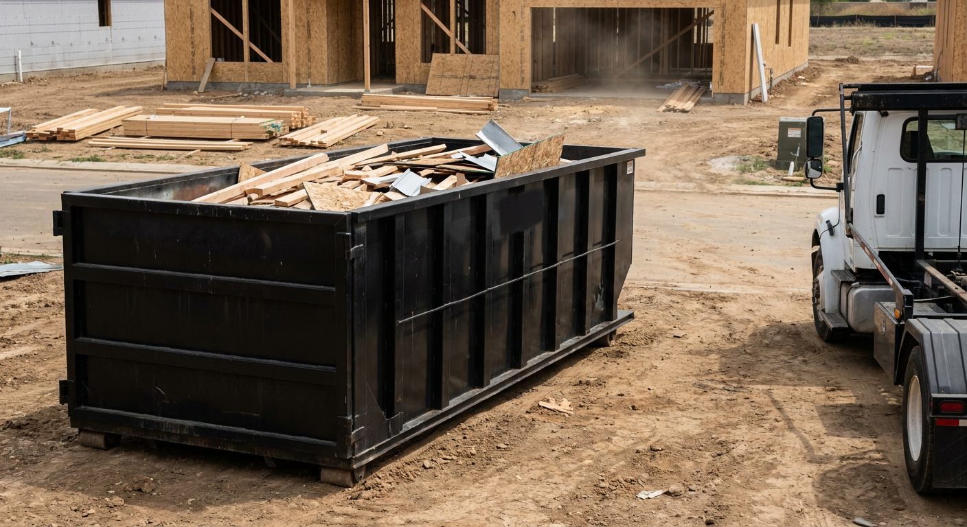 Matte-black 20-yard roll-off construction dumpster with heavy ribbed steel sidewalls and swing rear doors at a working jobsite in Laguna Hills, sitting directly on compacted dirt with an unmarked white hauler partially visible at the far edge of the frame.