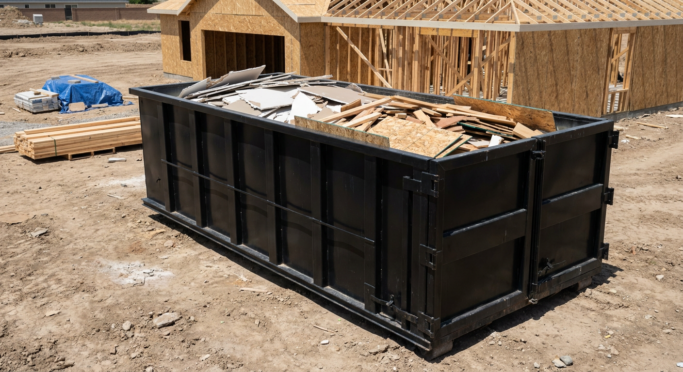 Matte-black 30-yard roll-off construction dumpster sitting directly on the compacted-dirt site of a framed single-family home build in Laguna Hills, drywall and lumber scrap loaded inside.