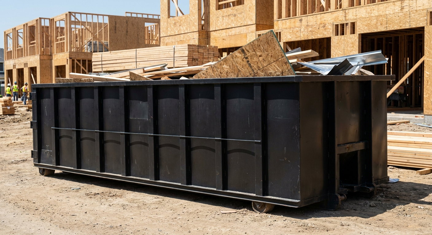 Matte-black 40-yard roll-off construction dumpster being lowered from a white-cab hooklift delivery truck onto the compacted-dirt jobsite at a commercial build site in Laguna Hills