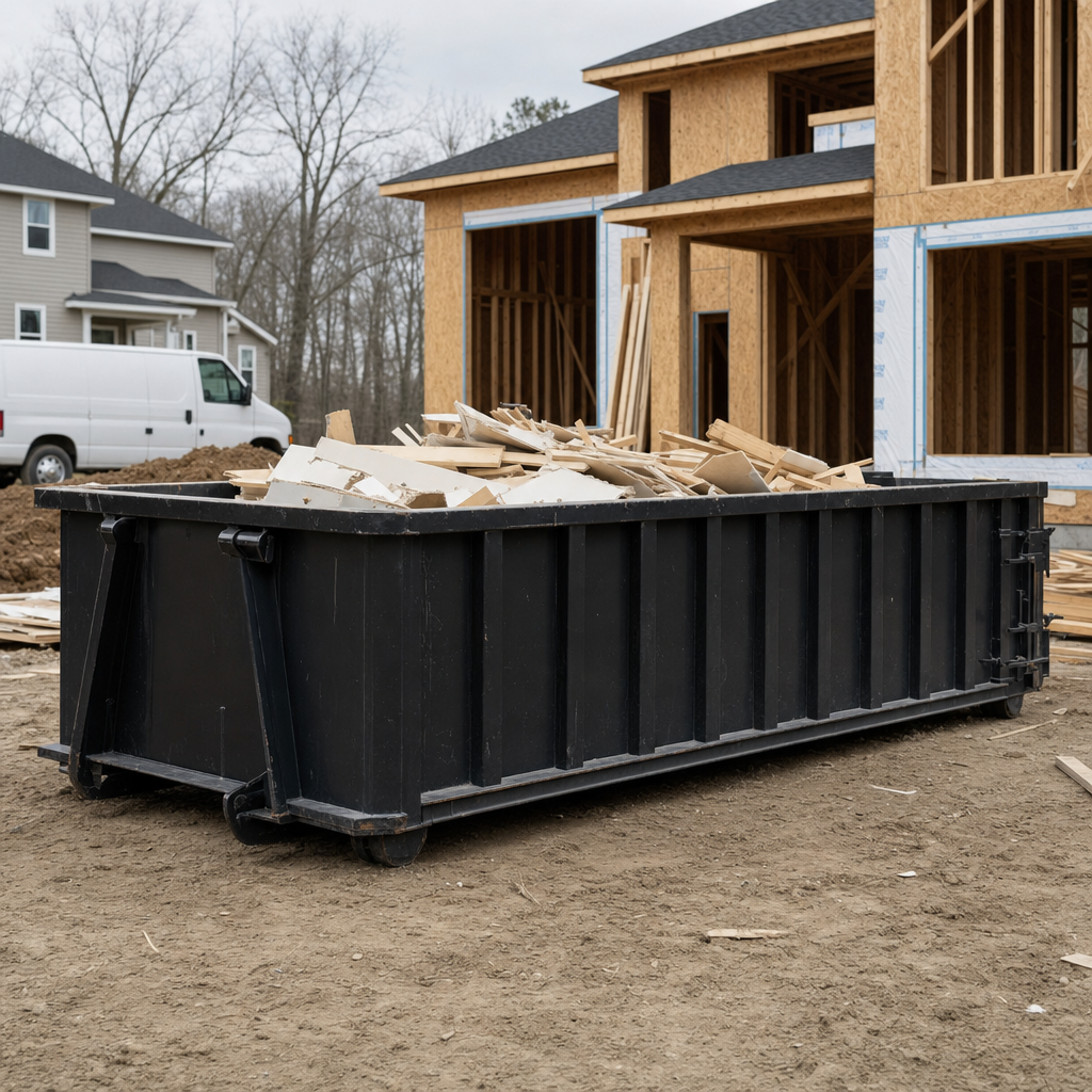 Worker in a yellow high-visibility vest tossing framing lumber and broken drywall into a matte-black 30-yard construction roll-off dumpster on an active build site in Laguna Hills, bright daylight