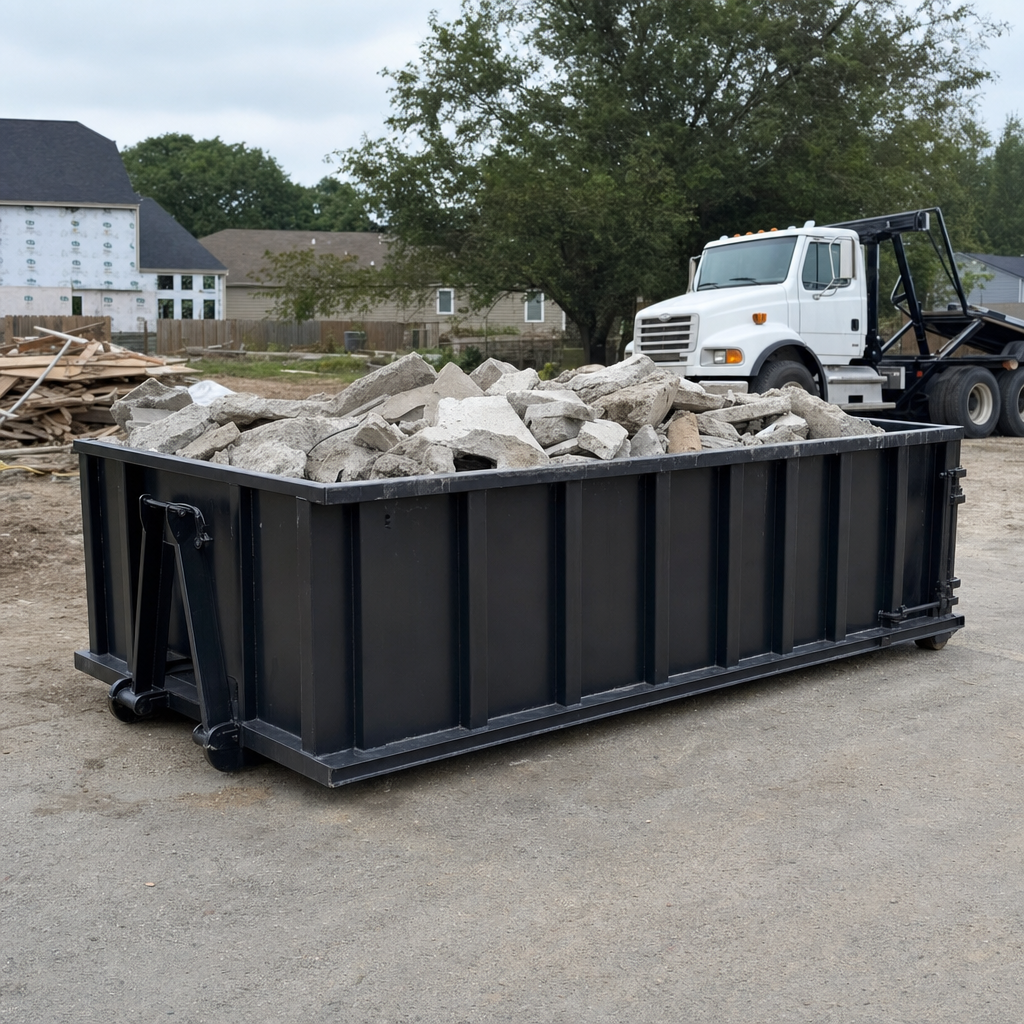 Low-profile matte-black lowboy roll-off dumpster loaded with broken concrete slab and rebar at a foundation tear-out in Laguna Hills, skid steer parked beside it, sunny Colorado morning