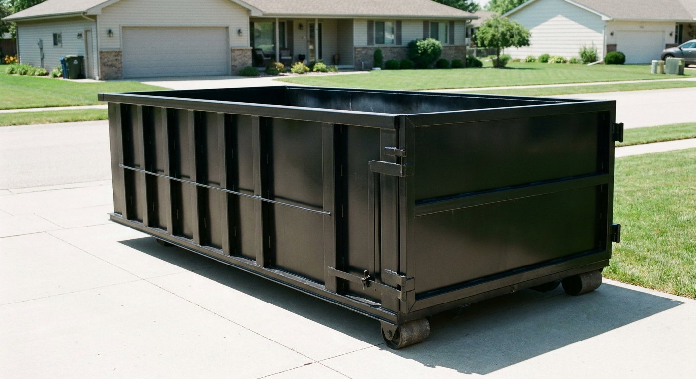 Matte-black 10-yard roll-off dumpster on a residential concrete driveway in Laguna Hills, uniformly painted matte black across every panel and rail, ribbed steel sidewalls and rear swing door visible, mid-day daylight.