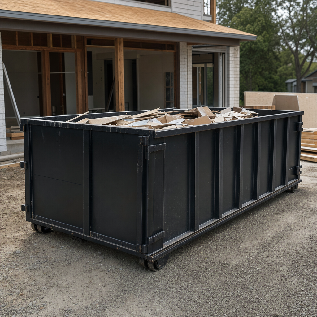 Large matte-black 30-yard construction roll-off dumpster at an active Laguna Hills jobsite, steel-gray top rails and bottom rollers visible, loaded with construction debris.