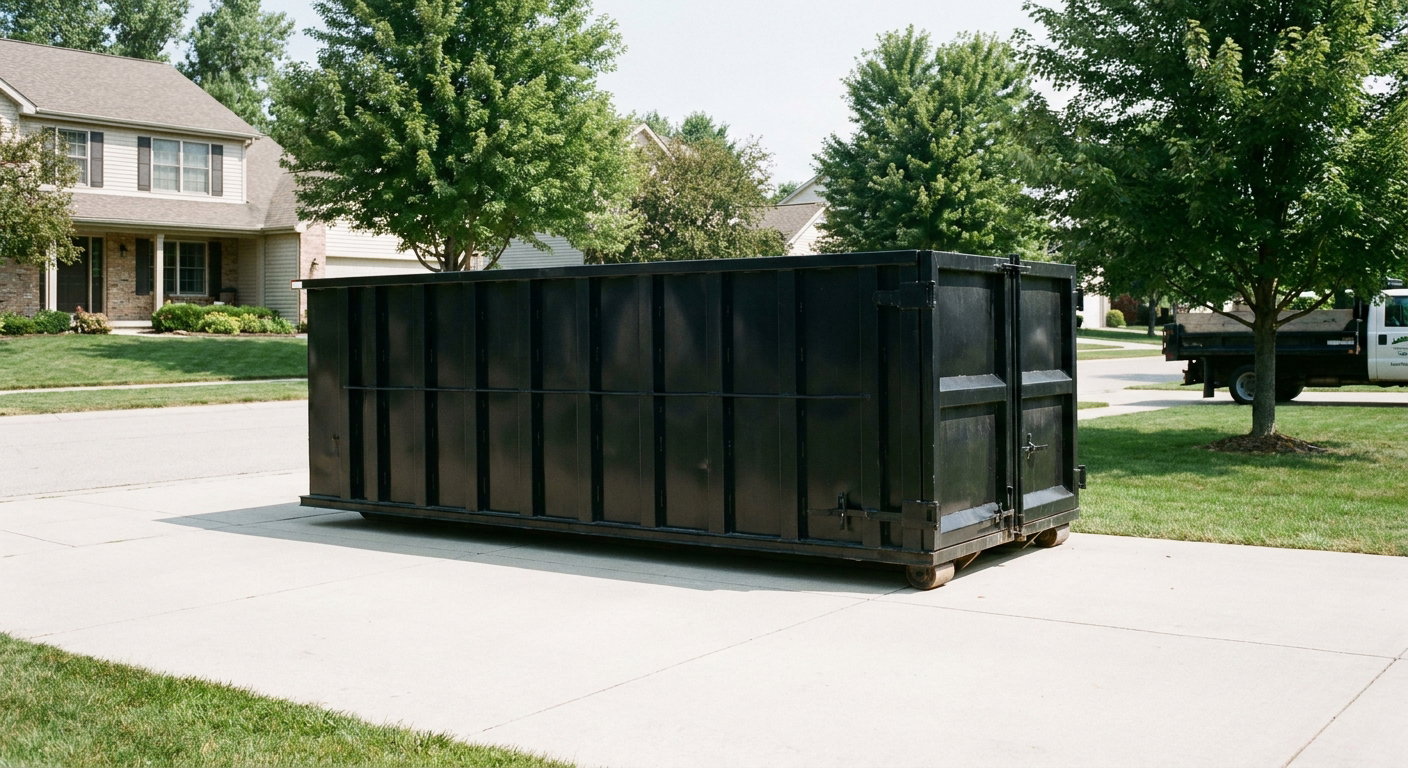 Matte-black 20-yard roll-off dumpster sitting level on a clean Laguna Hills residential concrete driveway under bright daylight, demonstrating clean placement directly on the concrete.