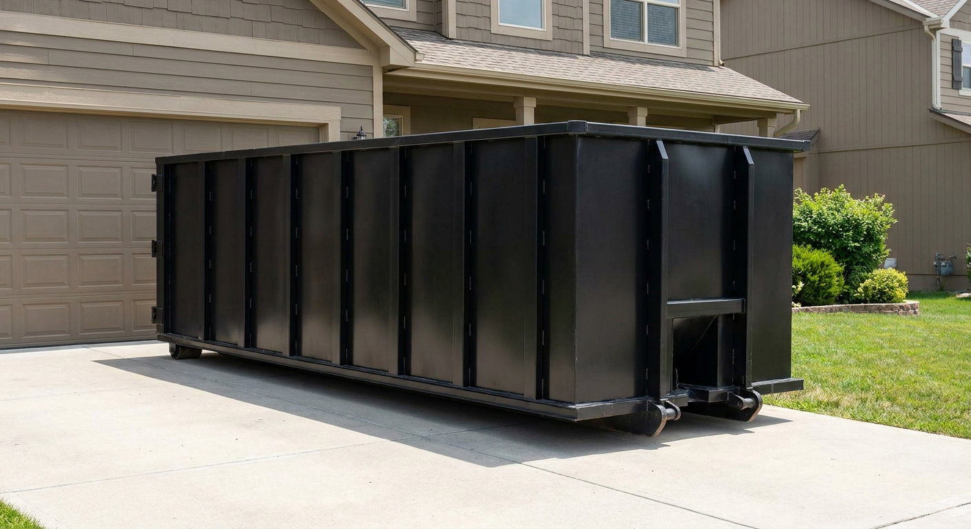 Matte-black residential roll-off dumpster sitting directly on a suburban Laguna Hills concrete driveway, garage door closed, single-family home in background, bright morning daylight.