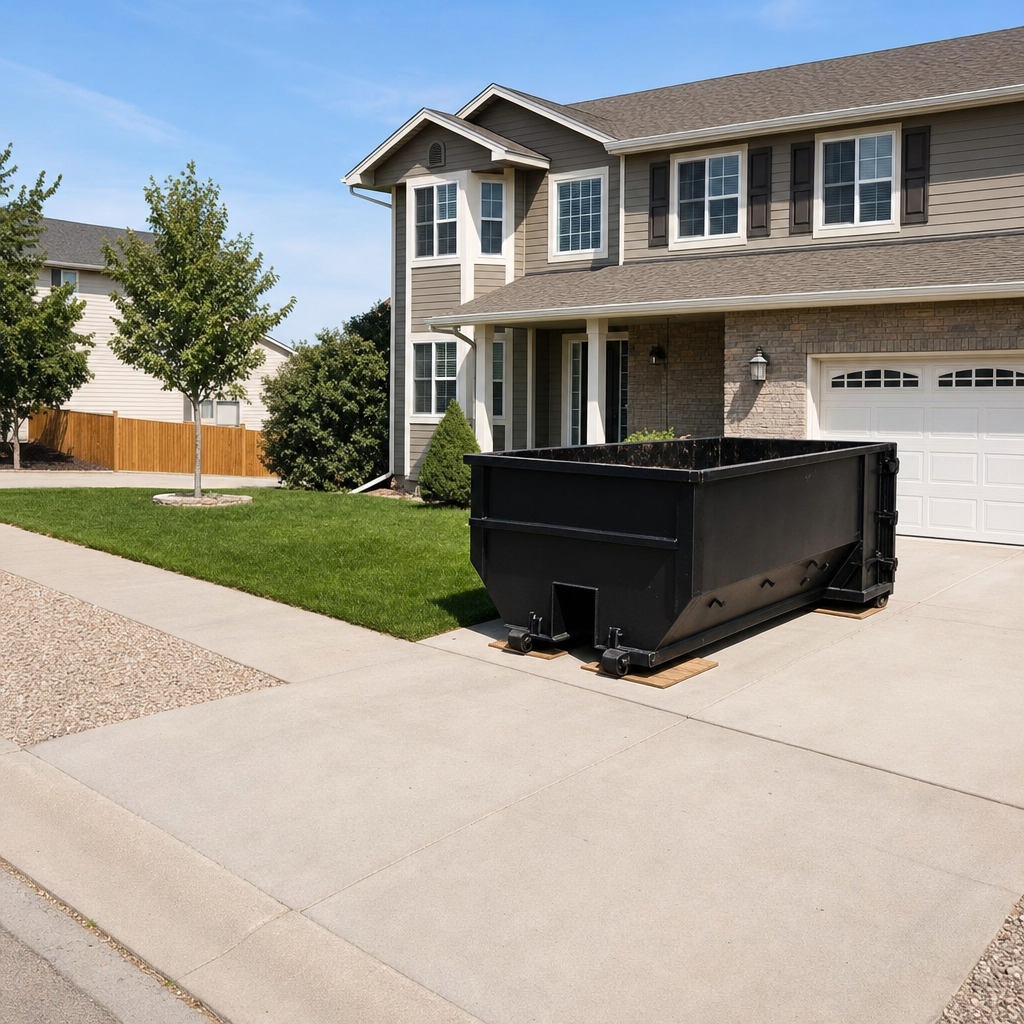 10-yard matte-black residential dumpster placed directly on a narrow Laguna Hills concrete driveway, room remains for a parked sedan beside it, mid-morning natural light