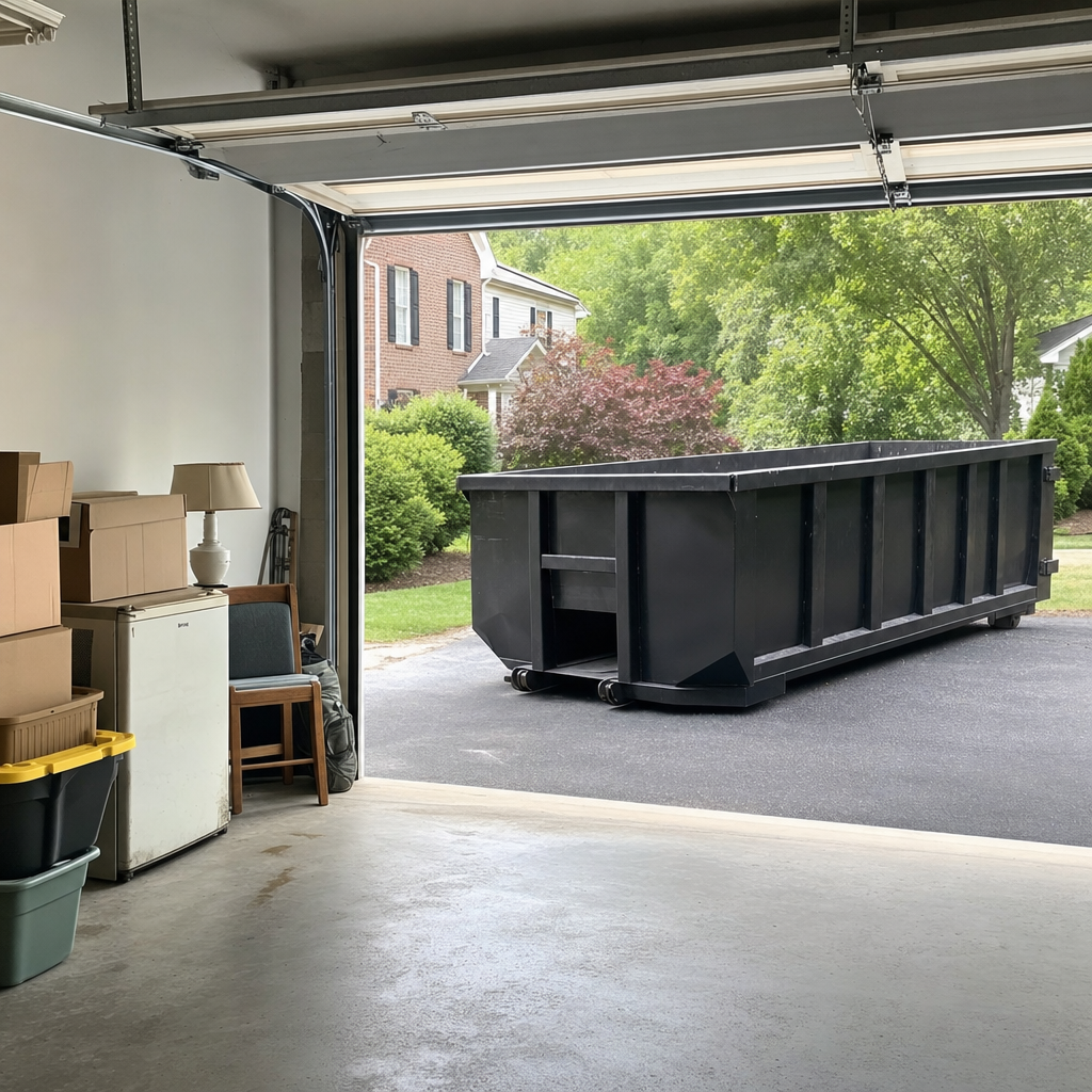 Open garage interior in a Laguna Hills home mid-cleanout — boxed items, an old appliance, and stacked yard tools queued near the driveway for a matte-black roll-off dumpster, organized and calm