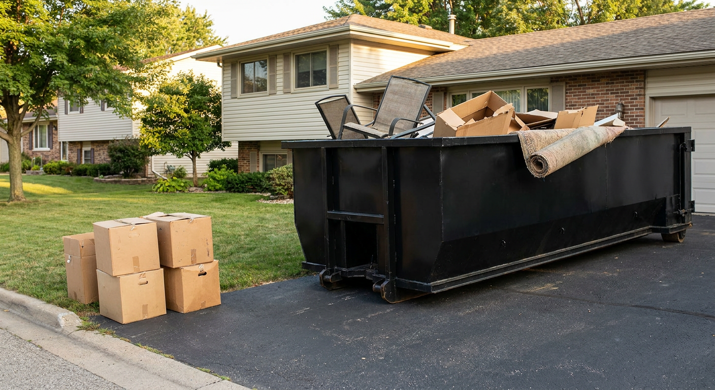 Front-yard view of a Laguna Hills split-level home with a 20-yard matte-black roll-off dumpster sitting directly on the asphalt driveway, a few clearly labeled donation boxes staged at the curb, calm sunny afternoon.