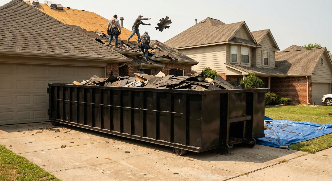 Matte-black roofing roll-off dumpster placed directly on a Laguna Hills residential concrete driveway, a tear-off crew on a two-story asphalt-shingle roof tossing shingle bundles into the low-walled container, bright daylight, documentary 35mm perspective.