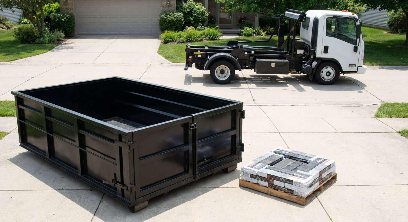 Matte-black 15-yard roofing roll-off dumpster with reinforced low side walls sitting directly on a Laguna Hills residential concrete driveway, three-tab asphalt shingle bundles stacked nearby, an unmarked white hauler truck partially visible at the edge of the frame.