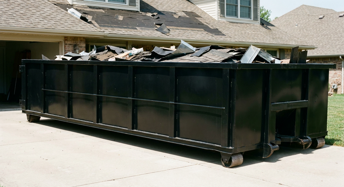 Matte-black 20-yard roofing roll-off dumpster with steel ribbed sides and swinging rear door, sitting directly on the concrete driveway of a two-story Laguna Hills home, asphalt shingle debris being loaded over the low wall, clean documentary lighting.