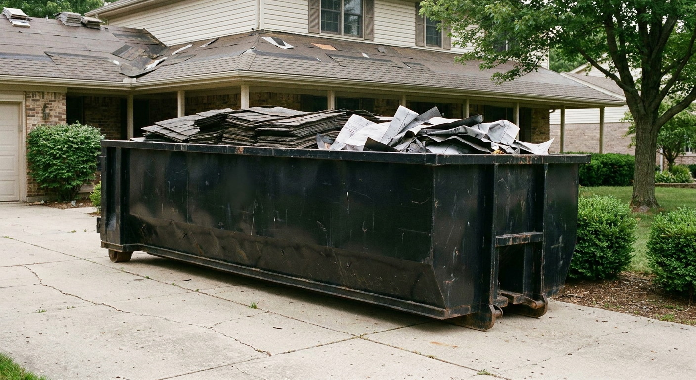 Matte-black 30-yard roofing roll-off dumpster sitting directly on a Laguna Hills concrete driveway, taller ribbed steel side panels, mixed tear-off debris of asphalt shingles and underlayment inside, professional documentary daylight.