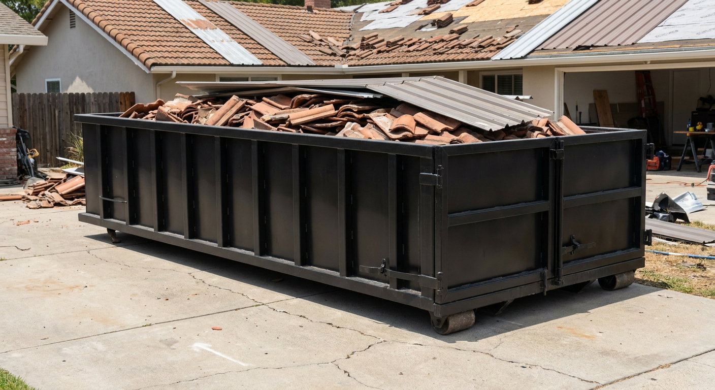 Matte-black low-wall heavy-debris roofing roll-off dumpster sitting directly on a Laguna Hills concrete driveway, broken concrete clay roof tiles and metal panel sections loaded inside, reinforced ribbed steel side walls visible, bright outdoor daylight.