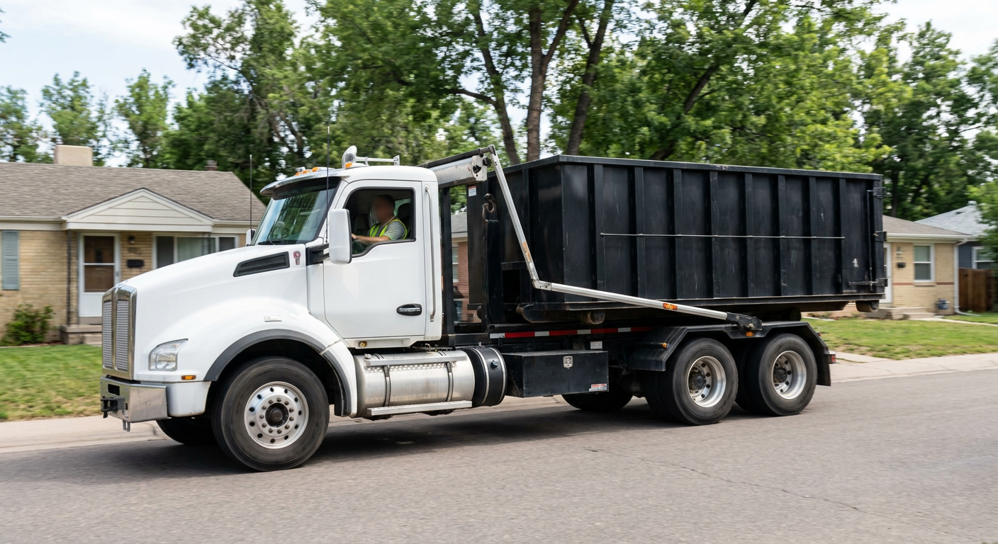 A wide documentary shot of a matte-black roll-off delivery truck pulling onto a quiet Laguna Hills residential street at mid-morning, with neighborhood rooftops and tree-lined blocks visible behind, showing the metro coverage footprint.