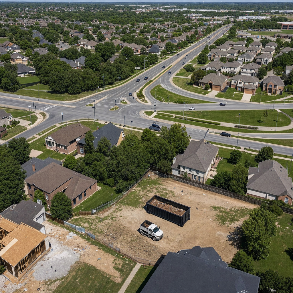 An overhead documentary view of the Laguna Hills metro area at midday, showing the spread of neighborhoods, arterial roads, and the dispatch radius from a central yard — clean daylight, organized geographic layout.