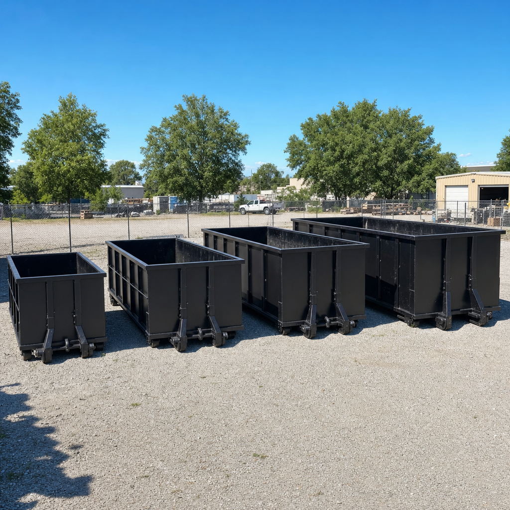A clean lineup of matte-black roll-off dumpsters in 10, 20, 30, and 40-yard sizes staged on a sunlit gravel yard in Laguna Hills, showing the size progression from compact to commercial-scale containers.