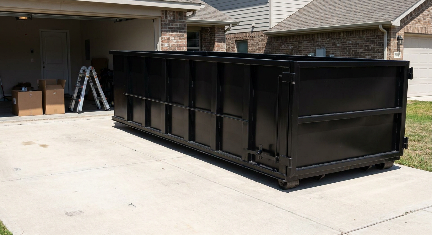 A matte-black 10-yard roll-off dumpster sitting directly on a residential Laguna Hills concrete driveway, mid-day sunlight, clean and ready for a garage cleanout.