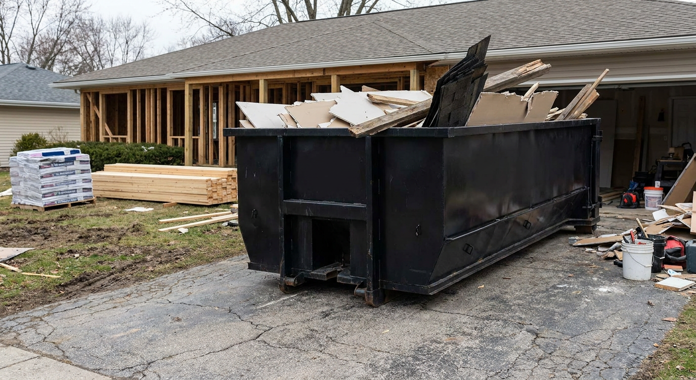 A matte-black 20-yard roll-off dumpster placed alongside a mid-renovation Laguna Hills home directly on the asphalt driveway, with framing materials and torn-off shingles staged neatly nearby.