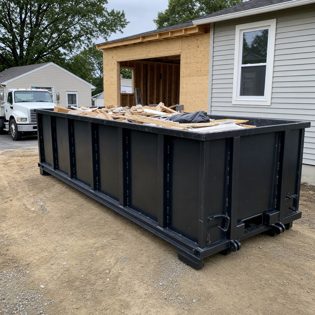 A matte-black 30-yard roll-off dumpster positioned at a Laguna Hills residential addition jobsite, with framing lumber and drywall scraps loaded through the open swinging rear doors.