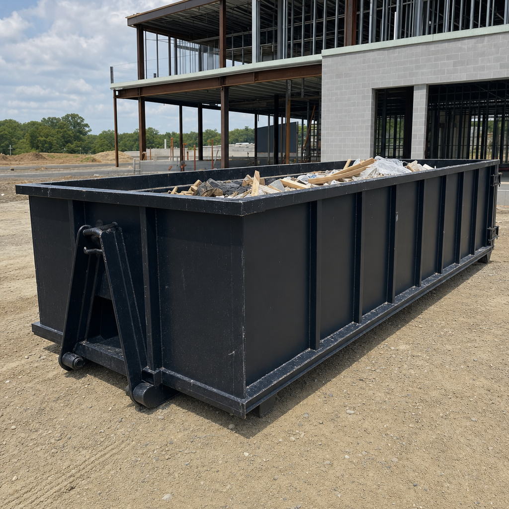 A matte-black 40-yard roll-off dumpster staged on a large Laguna Hills commercial construction lot, with a hooklift delivery truck parked alongside under bright midday sky.