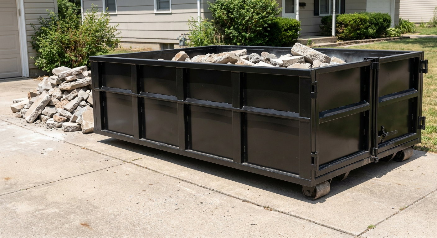 A matte-black low-side heavy-debris roll-off dumpster placed directly on a Laguna Hills concrete driveway, with broken concrete chunks neatly stacked beside it under clean daylight.